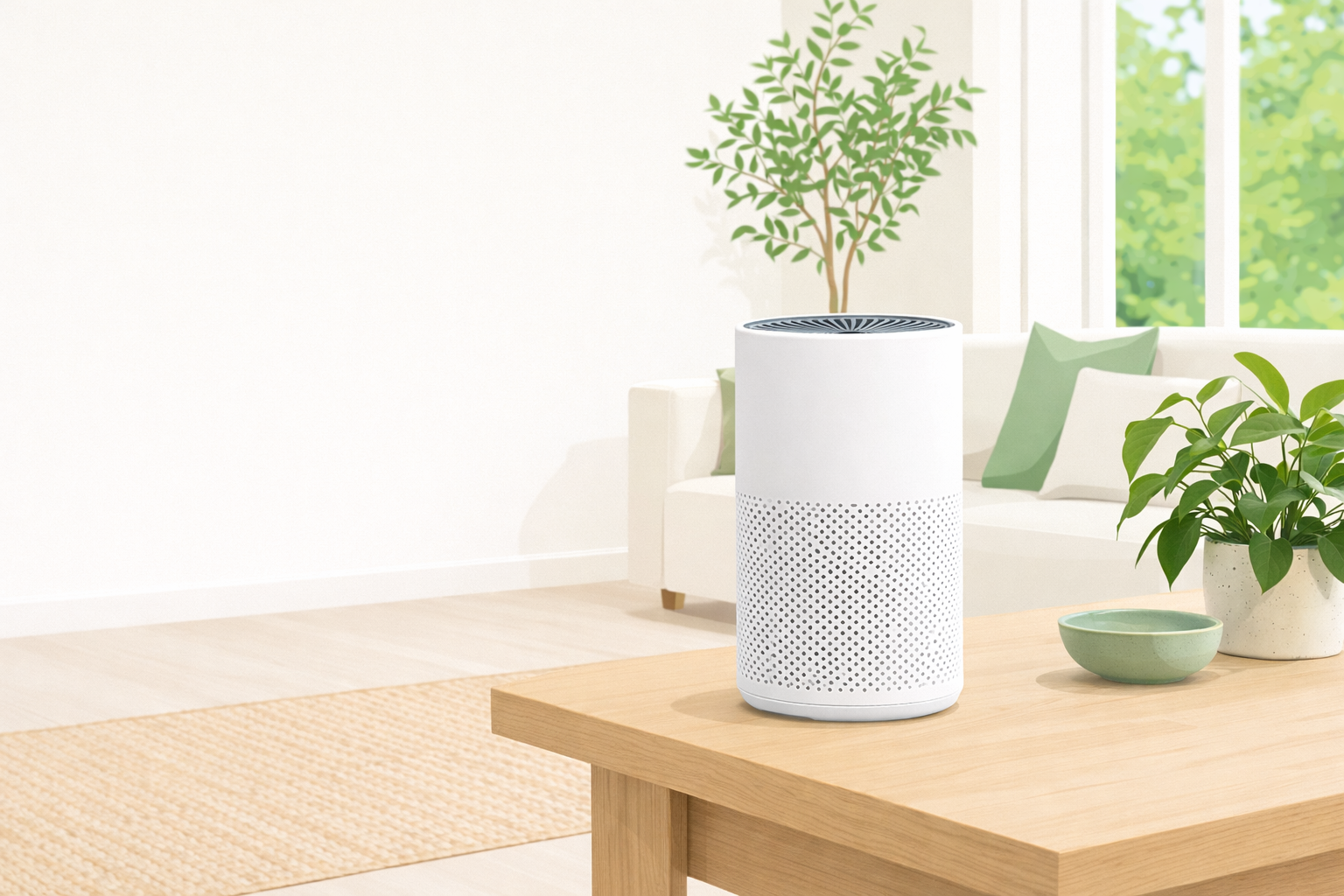 Calculateur coût purificateur d'air — salon moderne avec purificateur